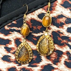 Beautiful gold over sterling silver carved tiger's eye earrings